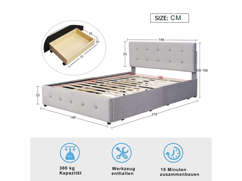  Lit double 140 x 200 cm gris en velours, tiroirs de rangement, lattes et dossier confortable, sans matelas  - Conforama B