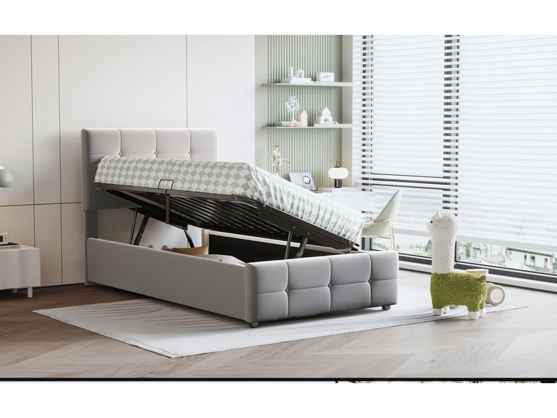  Lit enfant 90x200 cm avec coffre hydraulique, tête de lit réglable, velours gris  - Conforama E