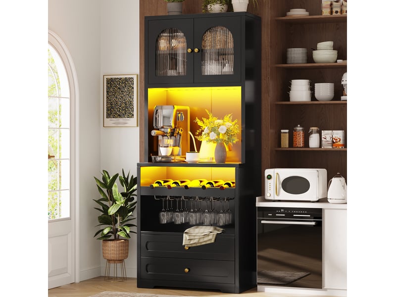  Buffet haut modenvie à portes vitrées cintrées 140 x 40 x 180 cm avec led, synchronisation musicale, range-bouteilles, usb, mdf métal, noir  - Conforama E
