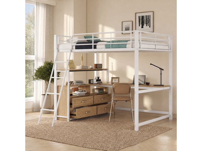 Lit mezzanine 200×140 cm avec bureau en l, tiroirs et rangements, sans matelas, en métal et mdf blanc - Conforama B