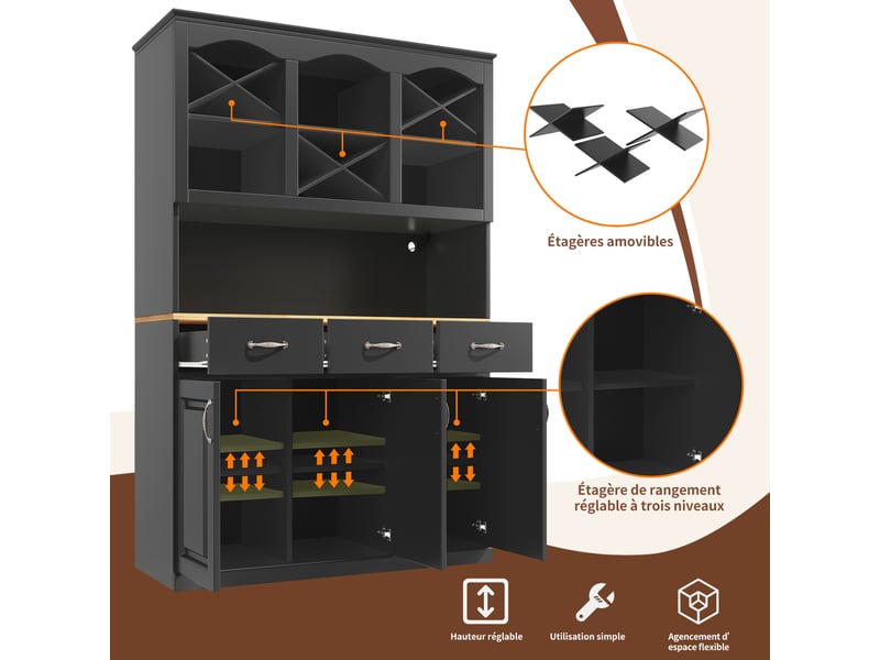 Buffet de cuisine 120x40x180 cm – 3 portes, 3 tiroirs – éclairage led intégré – moderne - Conforama D