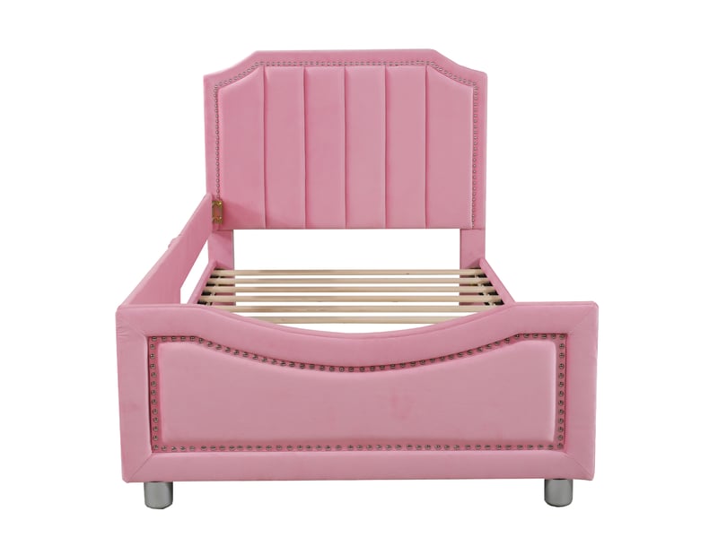  Lit jeune 90x200 cm avec rivets et sommier, flanelle, rose, sans matelas  - Conforama D