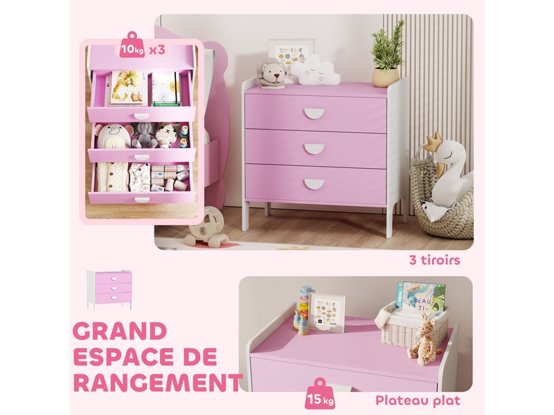  Commode pour enfants, commode rangement 3 tiroirs pour chambre d'enfant, crèche, salle de jeux, 60 x 40 x 60 cm, rose  - Conforama E