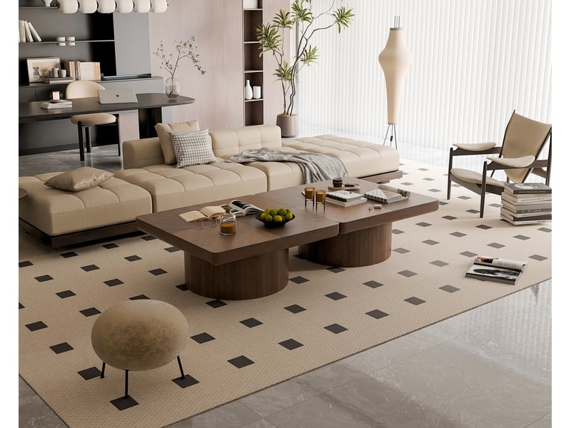  Elvmi table basse carrée pour salon plateau épais avec motif parquet en placage bois base cylindrique avec incrustation verticale aspect noyer design moderne structure robuste assemblage facile 78 cm  - Conforama E