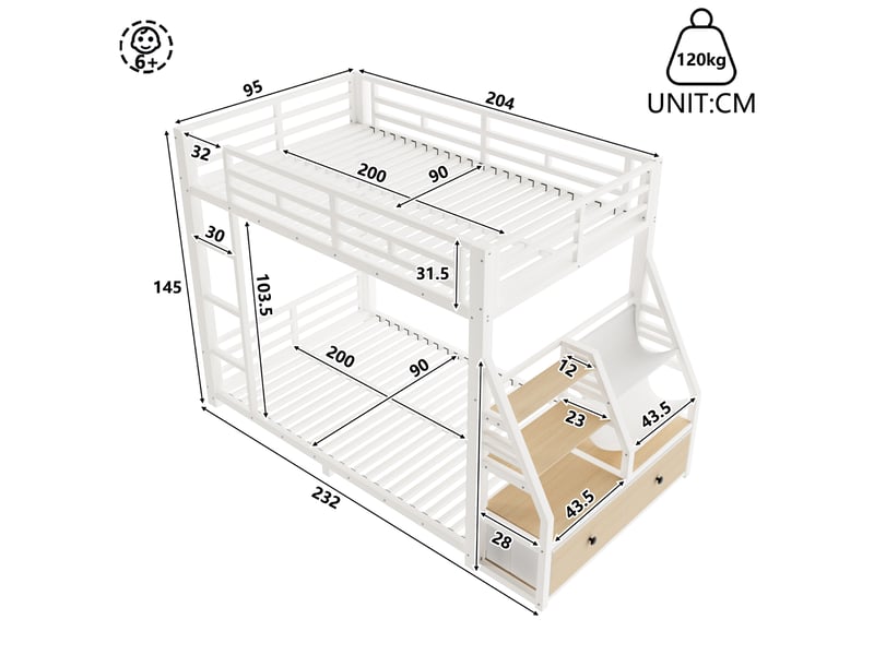  Lit superposé en métal 90x200 cm, éclairage led, 2 tiroirs en tissu, escalier, garde-corps, rangement ouvert, blanc BrimViber - Conforama C