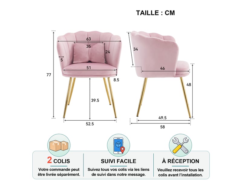 Lot de 2 fauteuils avec dossier pétale, coussin lombaire et pieds métalliques dorés en velours rose - Conforama D