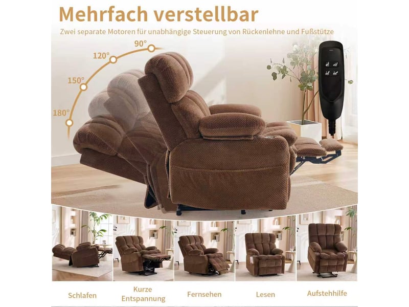  Fauteuil relax électrique,91x91x106.5 cm,avec aide au lever,chenille,marron  - Conforama E