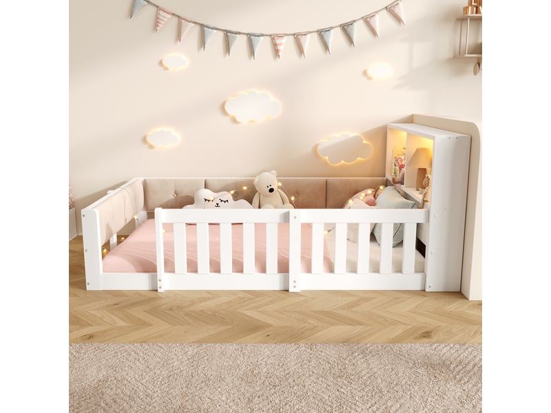Lit enfant au sol 90x200 cm, barrières de sécurité, tête de lit avec rangement, led multicolore, blanc et naturel OMNIGLINT TRADING LTD - Conforama D