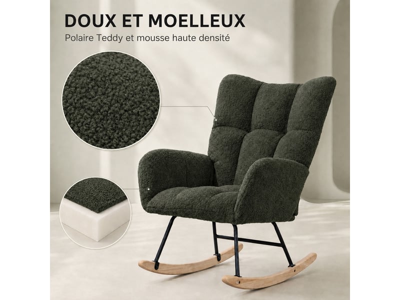  Fauteuil à bascule teddy vert, fauteuil rocking-chair ergonomique avec dossier haut et accoudoirs rembourrés, base en bois massif, chaise de relaxation pour salon, chambre et chambre bébé  - Conforama B