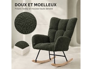 Fauteuil à bascule teddy vert, fauteuil rocking-chair ergonomique avec dossier haut et accoudoirs rembourrés, base en bois massif, chaise de relaxation pour salon, chambre et chambre bébé