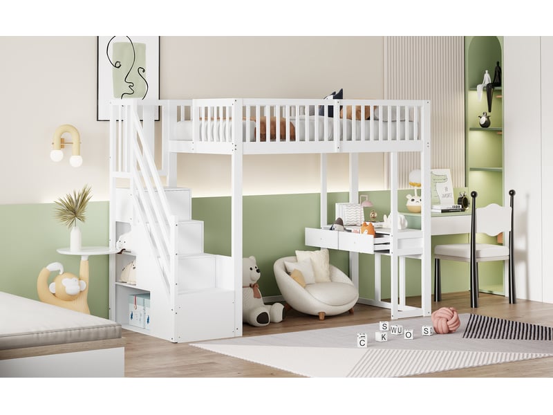  Lit mezzanine 90x200 cm avec bureau et étagères intégrées, escalier avec rangement – blanc – sans matelas  - Conforama D