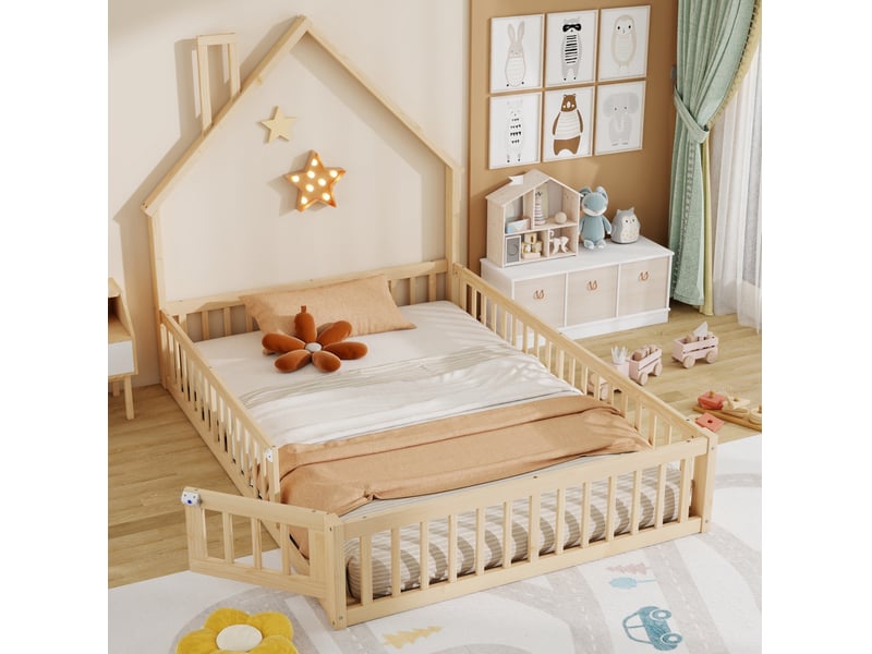  Lit cabane 140x190 cm forme cheminée, garde-corps, bois et mdf, naturel sans matelas  - Conforama B