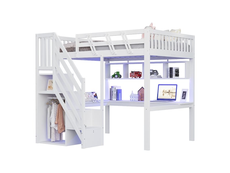  Lit enfant massif 140x200cm blanc avec escalier rangement bureau usb led cadre haut  - Conforama A