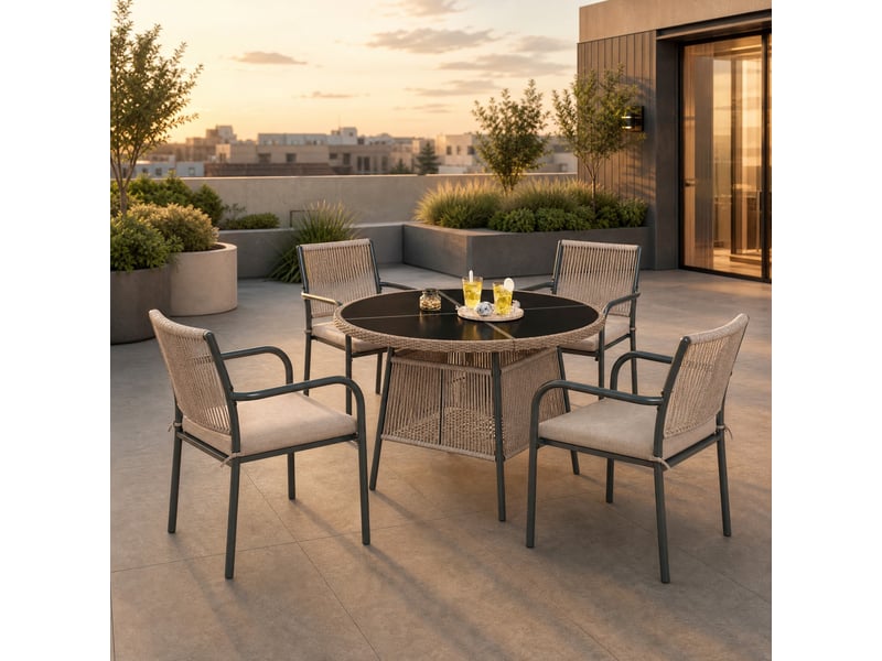 Salon de jardin,5 pièces avec table ronde en verre et 4 fauteuils,gris - Conforama B