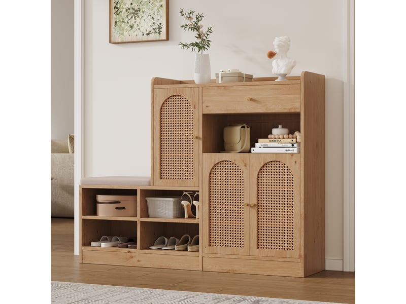  Meuble à chaussures avec banc naturel, panneau de particules, 142 × 35 × 110 cm, 3 portes aspect rotin, 1 tiroir, pour entrée  - Conforama E