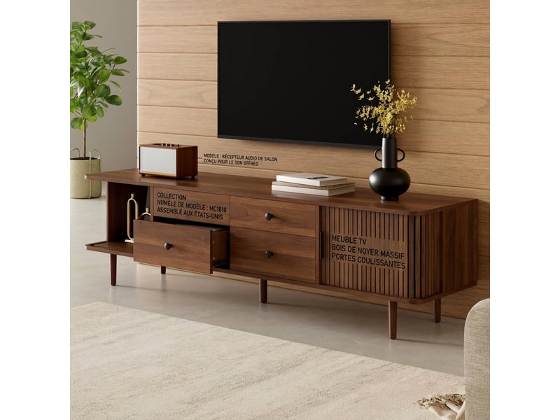 Meuble tv 165 cm mdf avec 4 tiroirs et 2 portes coulissantes, coins arrondis, couleur bois - Conforama B