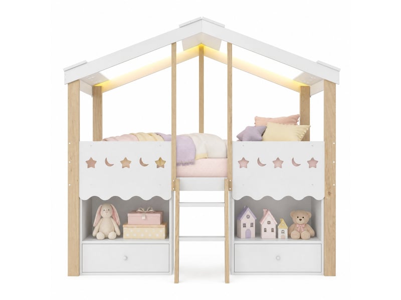  Lit surélevé 90x200 cm, forme maison, bois blanc + naturel, équipé de 2 tiroirs et de led, sans matelas  - Conforama A