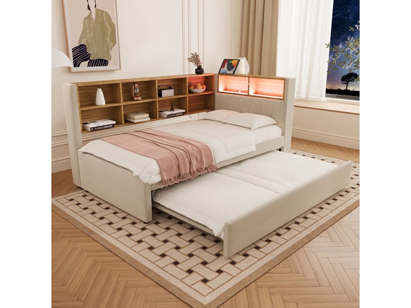  Lit canapé en flanelle beige 90 x 200 cm  - Conforama D