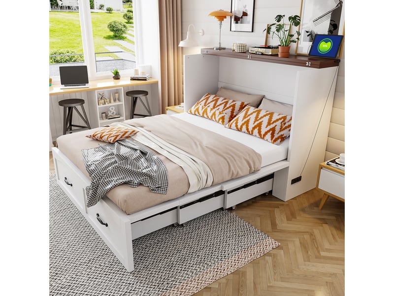  Lit escamotable double 140×200 cm, prise intégrée et roulettes silencieuses  - sans matelas, bois et métal - blanc  - Conforama B