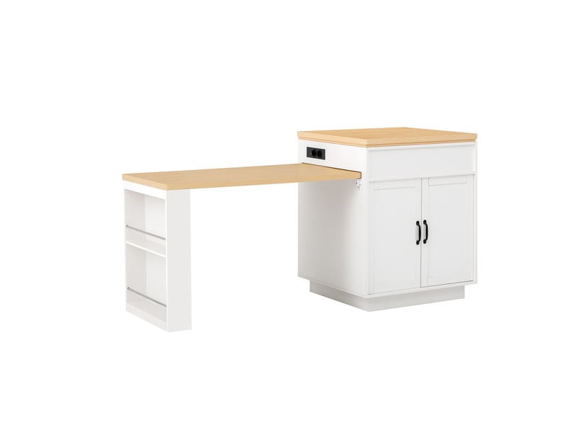  Îlot de cuisine mobile avec table extensible led, mdf blanc, prises intégrées, rangement polyvalent  - Conforama A