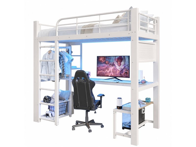  Lit mezzanine 90x200 cm en métal blanc avec bureau, rangements et led  - Conforama A