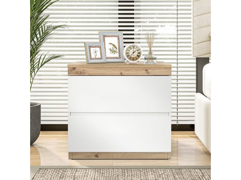  Table de chevet 2 tiroirs - écologique e1, support 40 kg &amp; design blancchêne - matériau certifié - 55x40x55cm bicolore - Conforama B