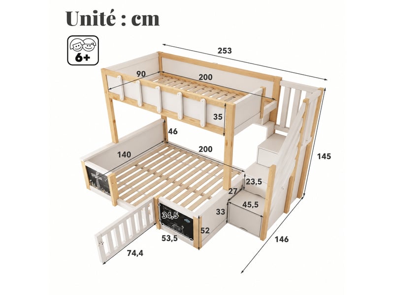  Lit superposé familial 90 x 200 cm et 140 x 200 cm, escalier de rangement, blancnaturel  - Conforama C