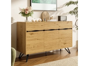 Buffet 3 portes aspect bois avec pieds métalliques, grand rangement, pour salon, entrée, couleur bois