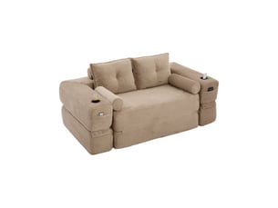 Canapé droit convertible 2 places en velours côtelé kaki 180x98x80 cm, porte-gobelet, poches, coussins, salon séjour