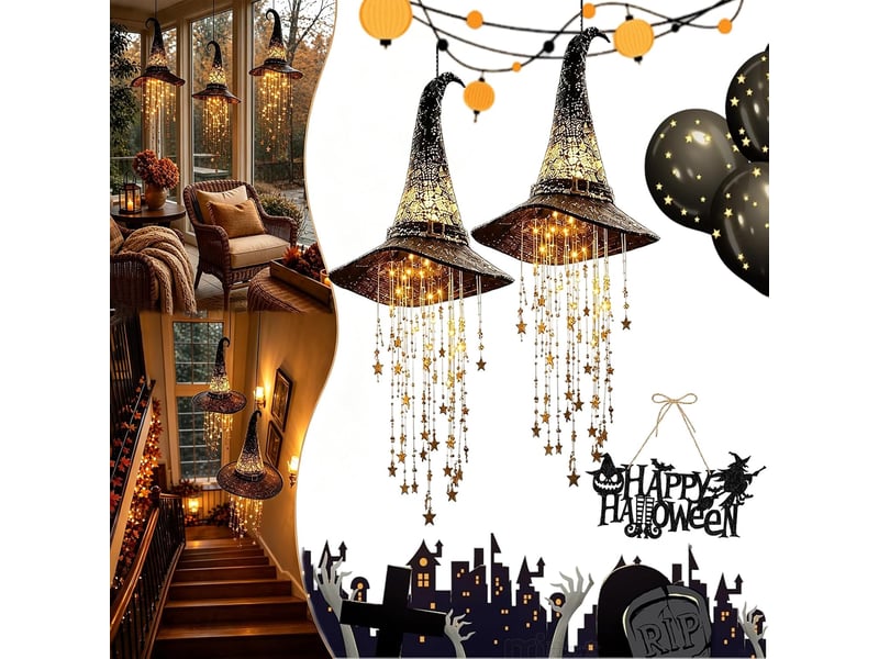  2 pièces décoration halloween suspendue, chapeau de sorcière lumineux led en maille noire avec étoiles pour porche et jardin  - Conforama A