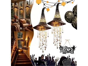 2 pièces décoration halloween suspendue, chapeau de sorcière lumineux led en maille noire avec étoiles pour porche et jardin