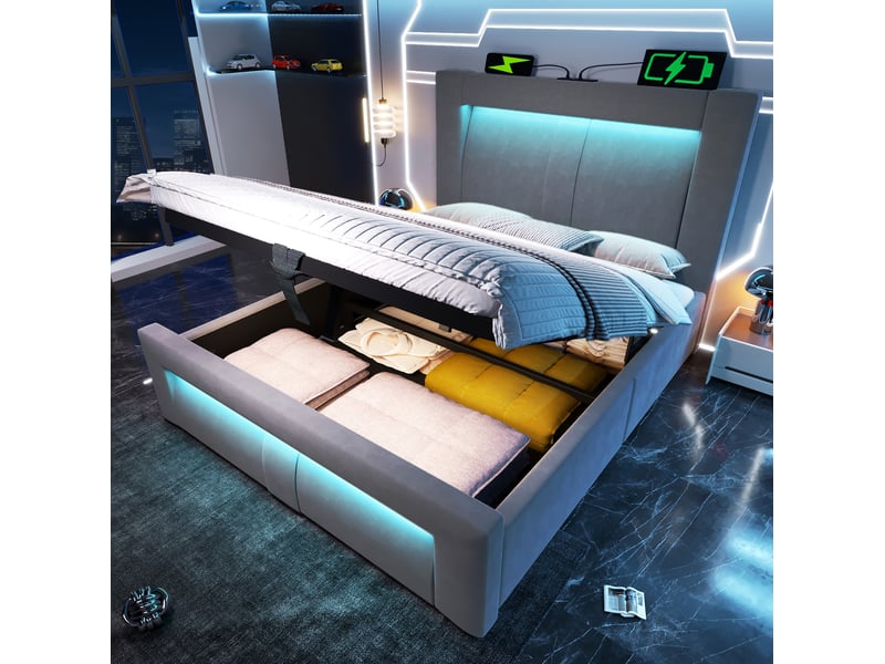 Lit 90 x 200 cm avec rangement hydraulique, matelas, éclairage led et prises usbtype-c, velours gris  - Conforama B