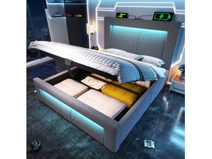 Lit 90 x 200 cm avec rangement hydraulique, matelas, éclairage led et prises usbtype-c, velours gris