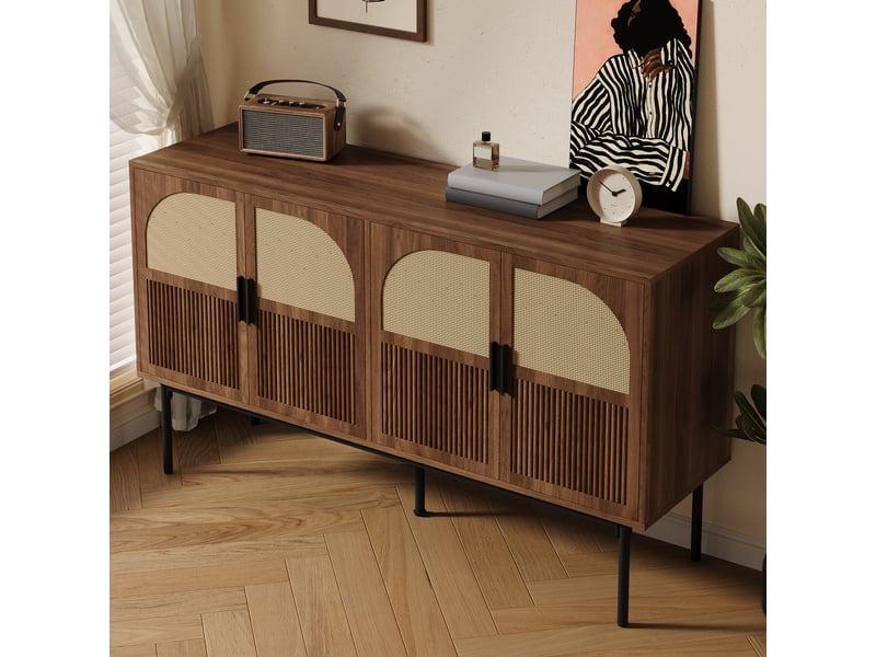 Buffet 4 portes en mdf décor noyer et rotin naturel 140x40x80 cm - Conforama D