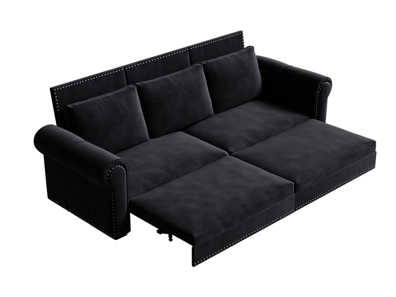 Canapé-lit convertible 3-en-1 238x90x98 cm – noir – coulissant, 3 places, accoudoirs roulés et clous décoratifs - Conforama A