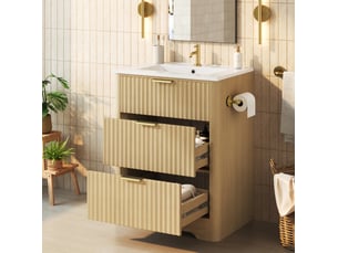 Meuble sous vasque lavabo, 2 tiroirs et porte-papier réversible pour salle de bain, mdf bois naturel, 61 × 47 × 82 cm