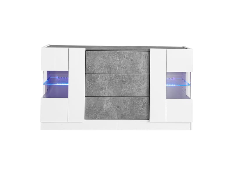  Buffet moderne 2 portes et 3 tiroirs, blanc brillant et effet marbre gris, 140x35x75 cm, led 16 couleurs  - Conforama A