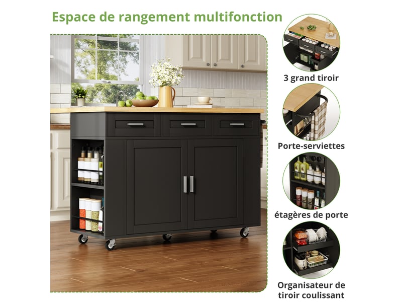  Îlot de cuisine mobile 120 x 45 à 70 x 84 cm avec plan de travail rabattable, prises et roulettes  - Conforama E