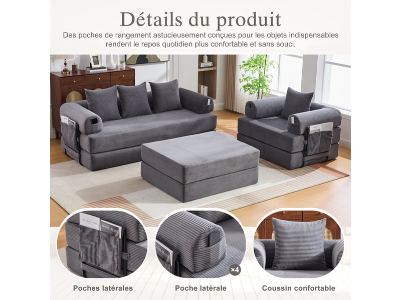  Canapé modulable 4 places en velours côtelé gris foncé 200x190x67 cm avec pouf, poche latérale et coussins pour salon 200x190x67cm - Conforama D
