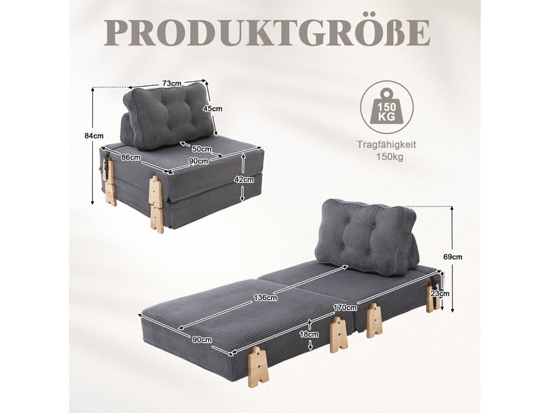  Fauteuil convertible 90x86x84 cm pliable bois gris foncé sans matelas  - Conforama E