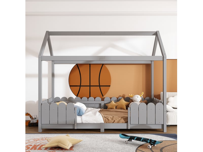  Modenvie lit cabane enfant 90x200 cm - avec barrière de sécurité, sommier inclus - gris  - Conforama D
