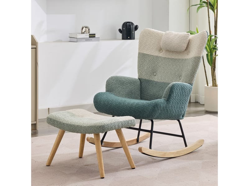  Fauteuil à bascule relax - 83x65,5x95 cm - avec repose-pieds rayé patch boucle pieds bois et métal - multicolore  - Conforama D