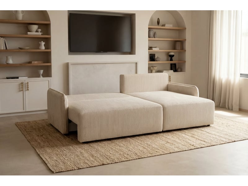  Sacha - canapé d'angle convertible petit velours côtelé 3 places beige  - Conforama D