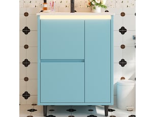Meuble vasque bleu avec lavabo intégré, tiroirs et charnières amorties 61 cm