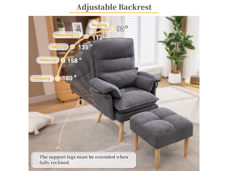  Fauteuil relax avec pouf, dossier réglable 5 positions et coussin d'appui, assise ergonomique en lin gris  - Conforama E