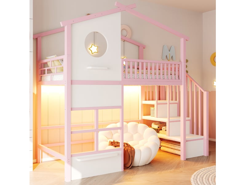 Lit mezzanine maison 90x200 cm avec éclairage led et escalier avec rangement, métal, rose et blanc, sans matelas - Conforama D