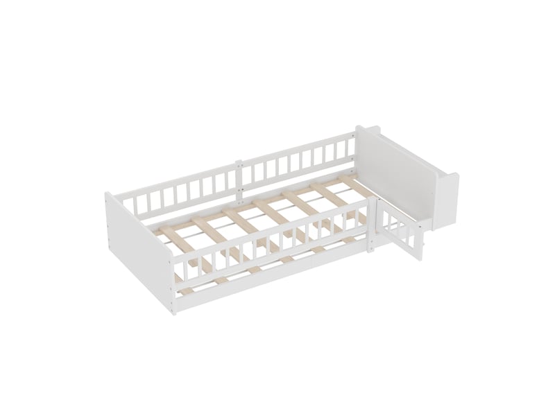  Lit enfant 90x200 cm, lit en bois de pin blanc avec barrière de sécurité, armoires de rangement et étagères, sans matelas  - Conforama A