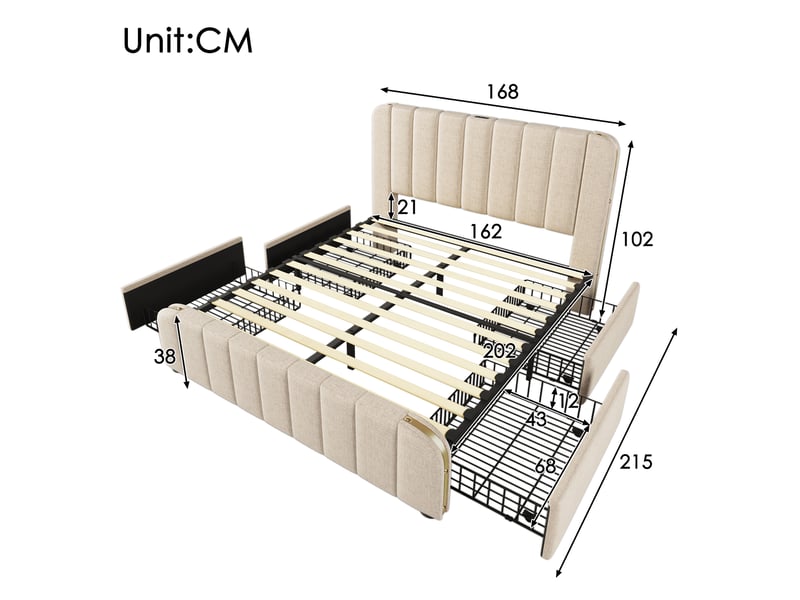  Lit coffre,160x200 cm,usb-c et 4 tiroirs,lin,beige  - Conforama C