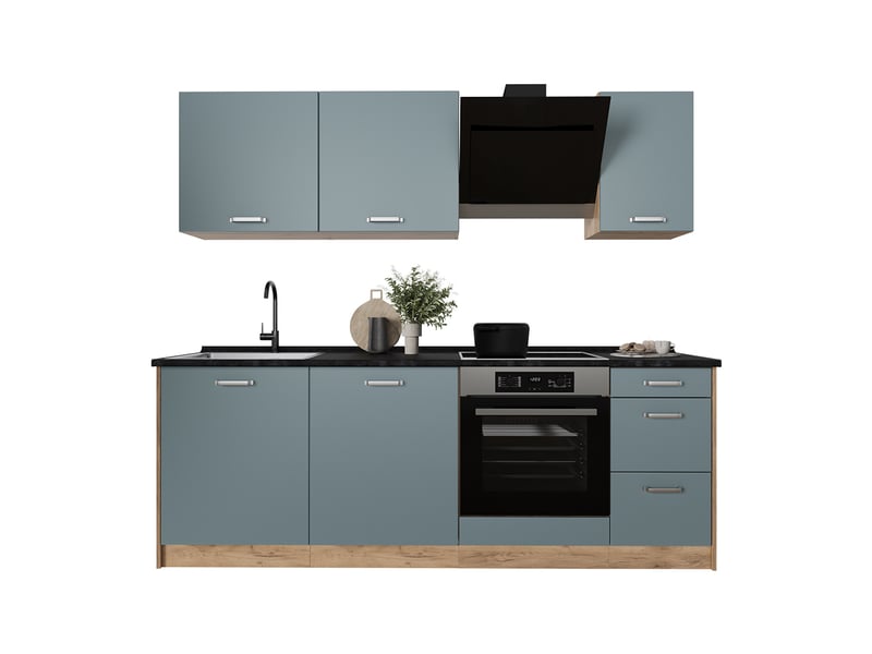  Vicco cuisine, bleu-grischêne doré, 220cm plan de travail chêne doré  - Conforama E