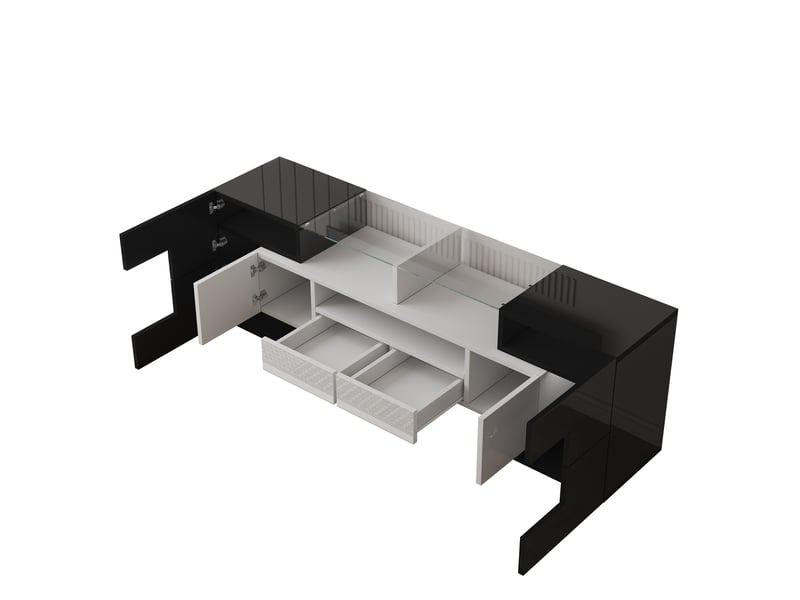 Meuble tv blanc brillant et béton 145 cm avec éclairage led multicolore et surface en verre - Conforama R